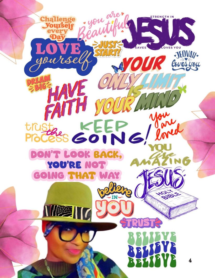Page 4 — a bright collage of hand-lettered affirmations: Love yourself, You are beautiful, Have faith, Keep going, You are loved, You are amazing, Believe in you.