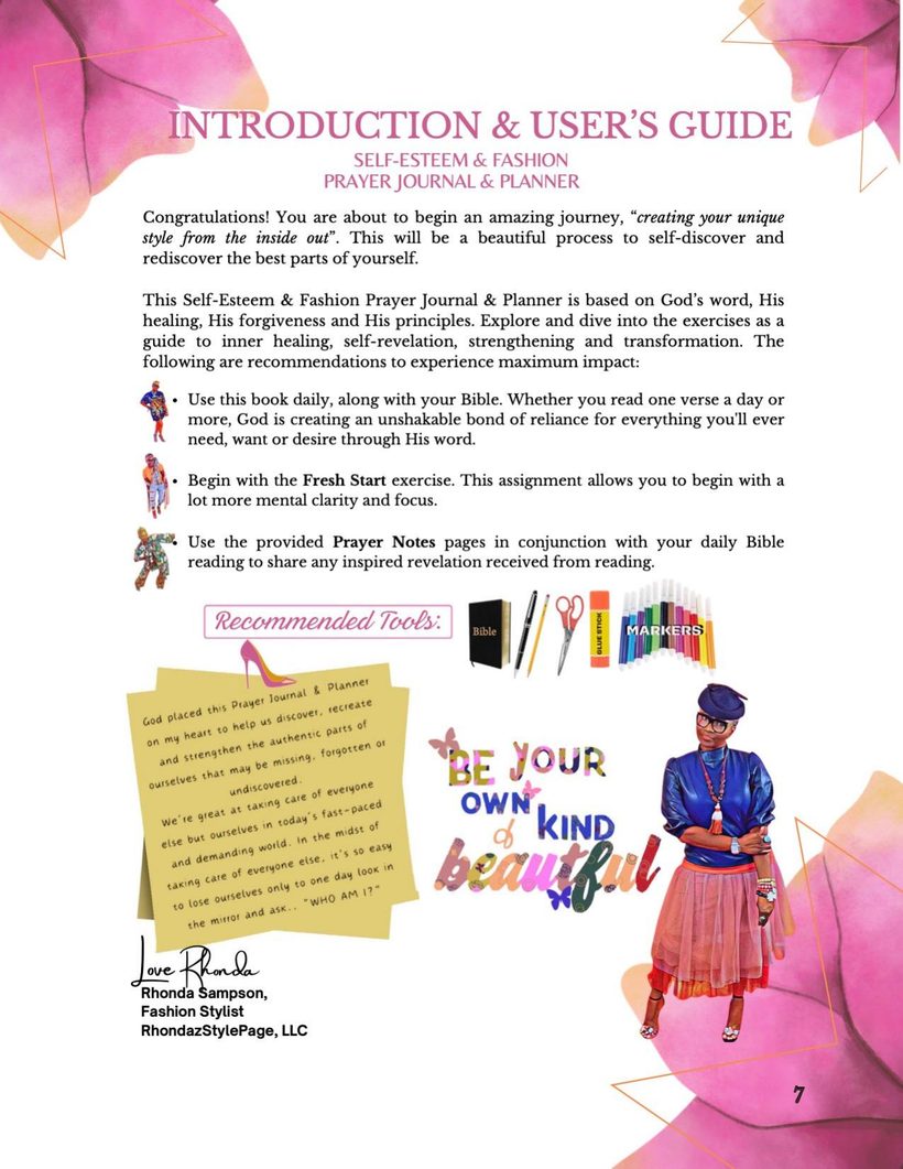 Page 7 — Introduction and User's Guide to the Self-Esteem and Fashion Prayer Journal and Planner, signed by Rhonda Sampson.