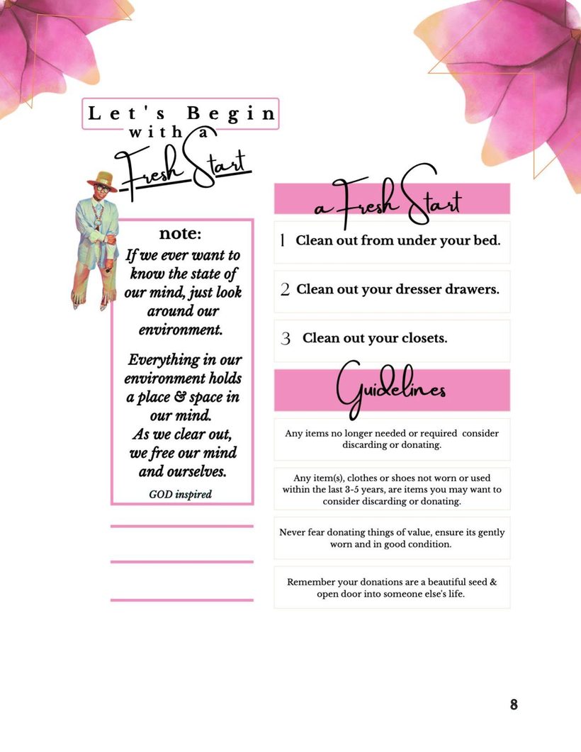 Page 8 — the Fresh Start exercise: clean out your space to free your mind, with guidelines for donating.
